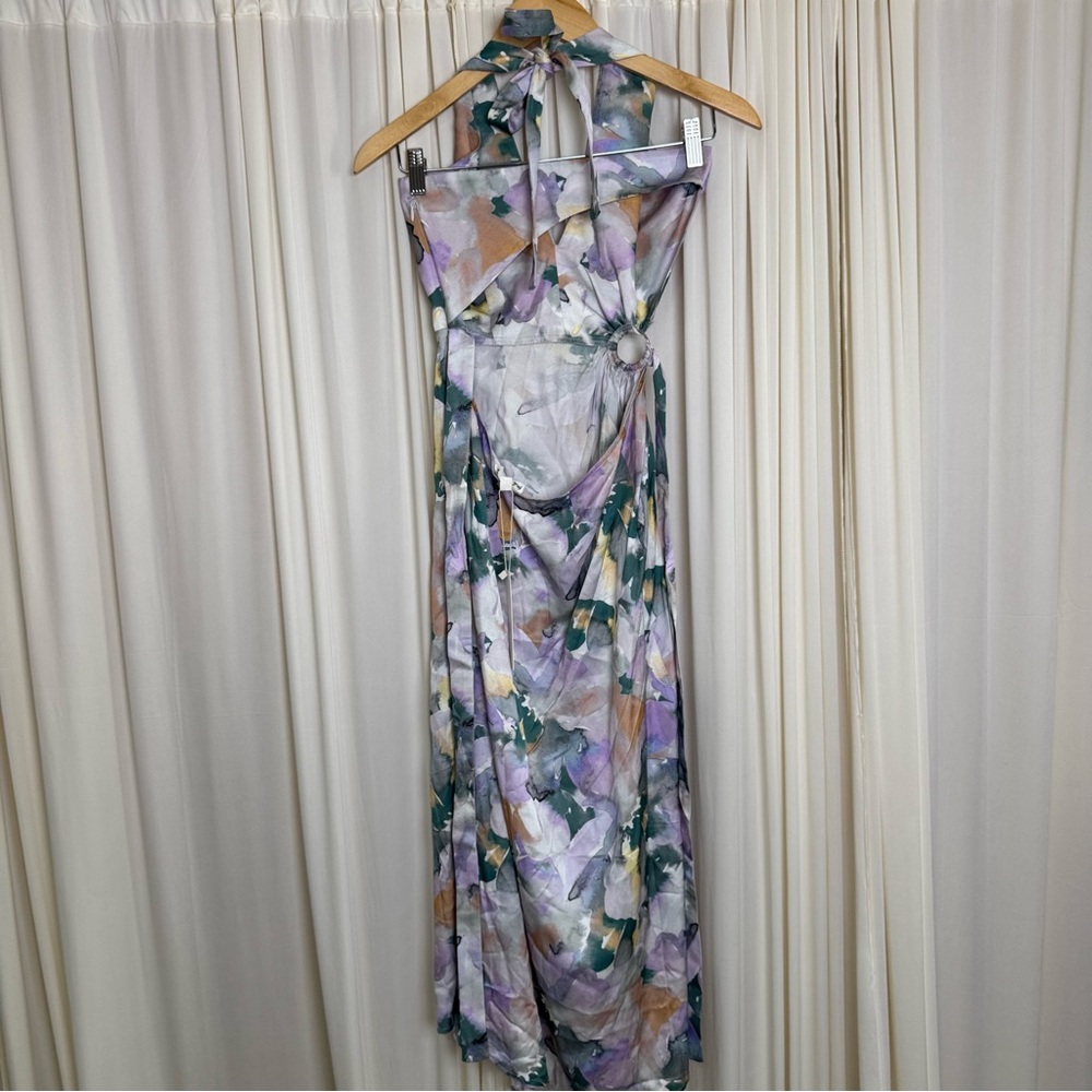 For Love And Lemons Megan Midi‎ Dress Purple Floral Satin Wrap Slit Sundress NEW - Picture 7 of 10